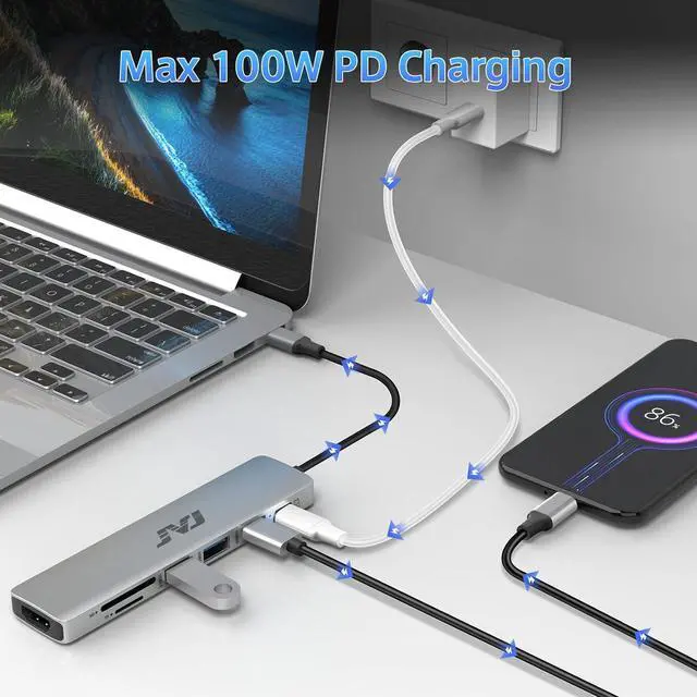 Alt view image 6 of 7 - USB C Hub Multiport Adapter, JVJ 7-in-1 Type C Hub with 4K HDTV, USB 3.0, 100W PD, SD/TF Card Reader, USB C Dongle for MacBook Pro/Air/M1/M2, iPad Pro, Dell XPS Thunderbolt 3 Hub Multiport Adapter