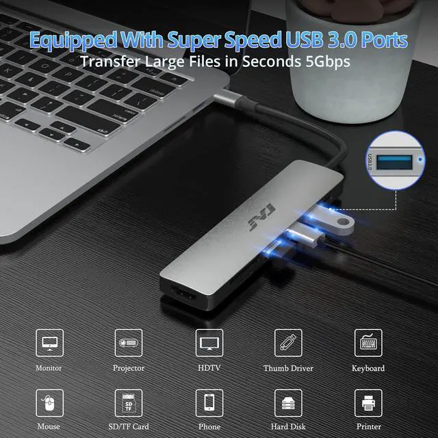 Alt view image 5 of 7 - USB C Hub Multiport Adapter, JVJ 7-in-1 Type C Hub with 4K HDTV, USB 3.0, 100W PD, SD/TF Card Reader, USB C Dongle for MacBook Pro/Air/M1/M2, iPad Pro, Dell XPS Thunderbolt 3 Hub Multiport Adapter