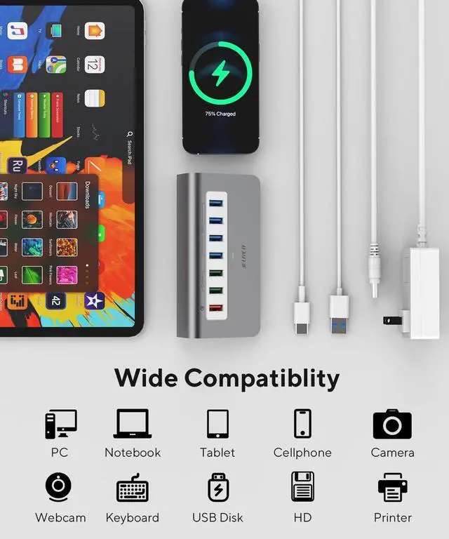 Alt view image 5 of 7 - Powered USB 3.2 Hub Gen 2, JELIYEA 7-Port USB C/USB 3.0 to USB A Power Hub (4 10Gbps USB 3.2,1X 18W,2X 12W Fast Charging for Phone) 3.3ft Cable USB Splitter with 30W Power Adapter for Laptop/MacBook