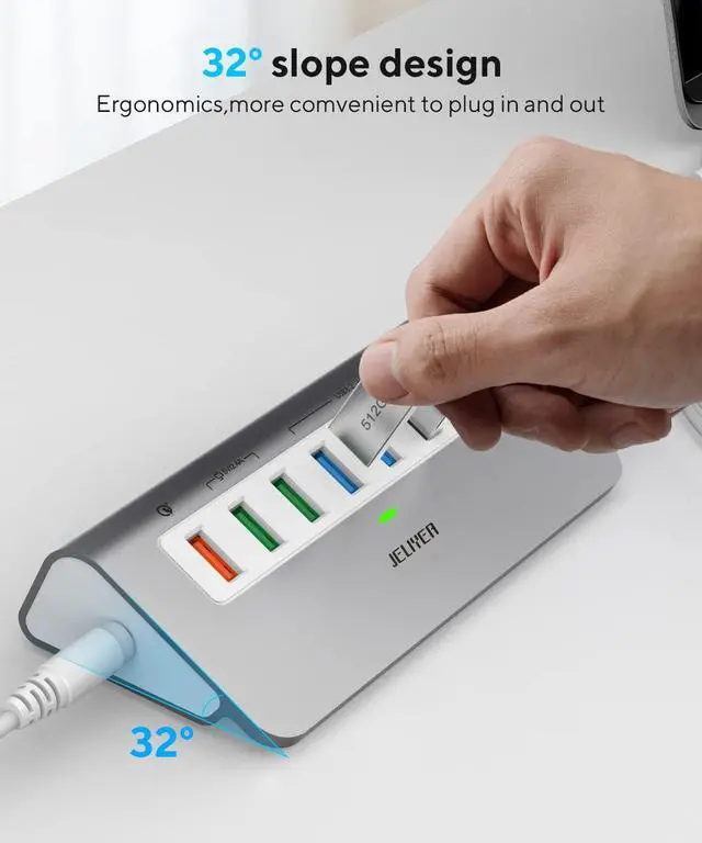 Alt view image 7 of 7 - Powered USB 3.2 Hub Gen 2, JELIYEA 7-Port USB C/USB 3.0 to USB A Power Hub (4 10Gbps USB 3.2,1X 18W,2X 12W Fast Charging for Phone) 3.3ft Cable USB Splitter with 30W Power Adapter for Laptop/MacBook