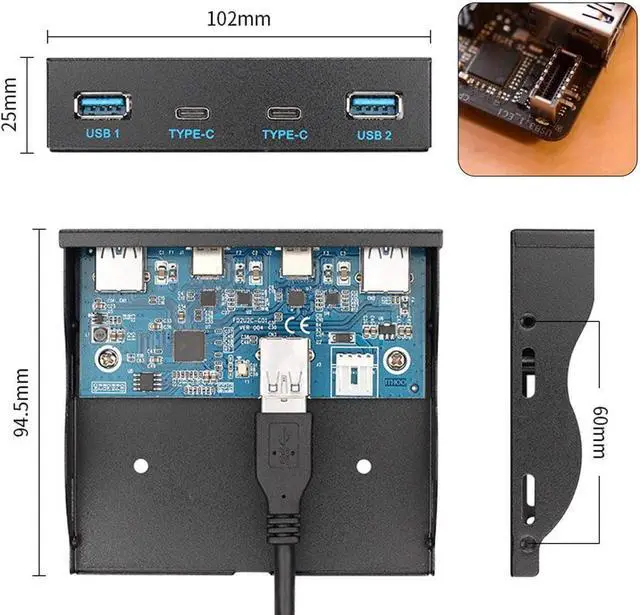 Alt view image 6 of 7 - J USB 3.1 Front Panel Header 19Pin to USB-C & USB 3.0 HUB 4 Ports Front Panel Motherboard Cable Compatible for 3.5 Floppy Bay