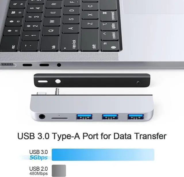 Alt view image 2 of 6 - Qwiizlab USB C Hub 5-in-1 Adapter, USB 3.0 Data Port, microSD Card Reader, 3.5mm Audio Port for 2024/23/22/21 14/16-inch MacBook Pro M4/M3/M2/M1 Pro/Max (Silver)