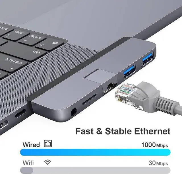Alt view image 5 of 7 - Qwiizlab USB C Hub 5-in-1 Adapter, Gigabit Ethernet, USB 3.0 Port, microSD Reader, 3.5mm Audio Jack for 2023/2021 MacBook Pro 14'' and 16'' M3/M2/M1 Pro/Max (Gray)