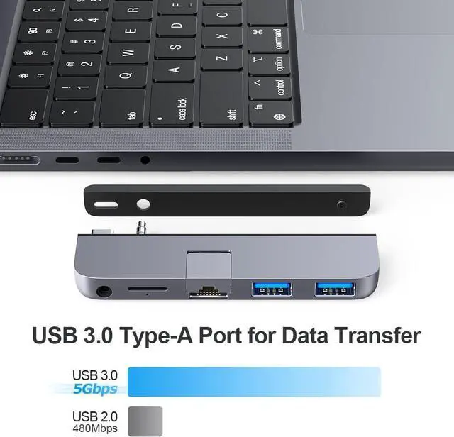 Alt view image 3 of 7 - Qwiizlab USB C Hub 5-in-1 Adapter, Gigabit Ethernet, USB 3.0 Port, microSD Reader, 3.5mm Audio Jack for 2023/2021 MacBook Pro 14'' and 16'' M3/M2/M1 Pro/Max (Gray)