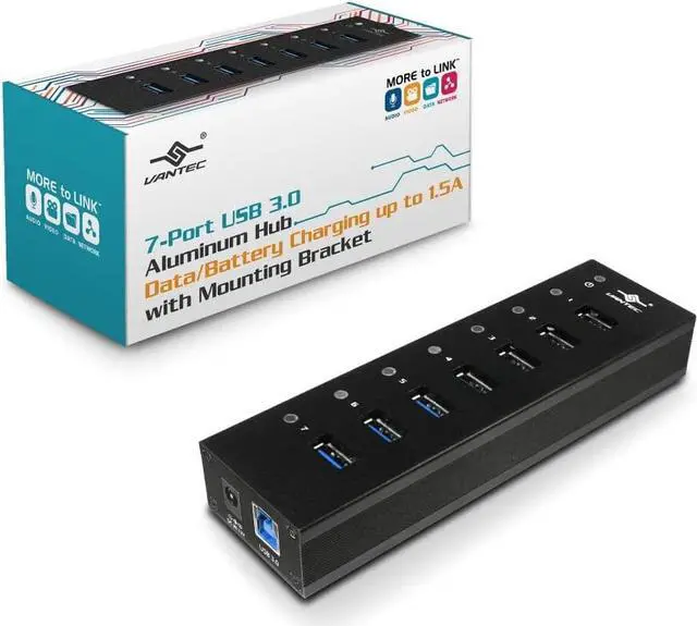 Main image of Vantec 7-Port USB 3.0 Hub, Aluminum, Full Powered, Mountable, with All Ports Data & Charging Up to 1.5A, BC 1.2, Premium 12V/3A, 36W Power Adapter (UGT-AH710U3-BK),Black