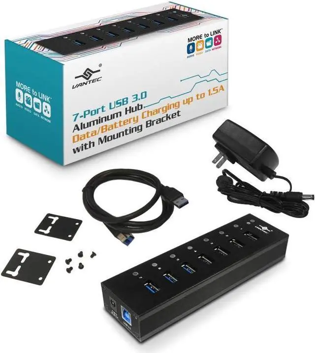 Alt view image 6 of 7 - Vantec 7-Port USB 3.0 Hub, Aluminum, Full Powered, Mountable, with All Ports Data & Charging Up to 1.5A, BC 1.2, Premium 12V/3A, 36W Power Adapter (UGT-AH710U3-BK),Black