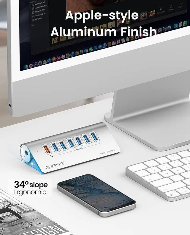 Alt view image 2 of 7 - ORICO USB Hub 3.0 Powered 7 Ports Aluminum USB Hub Splitter [5Gbps] with 7 USB 3.0 Data Ports + 1 Fast Charging Ports 18W5V/3A;9V/2A;12V/1.5A, 12V 3A Power Adapter with 3.28Ft Cable