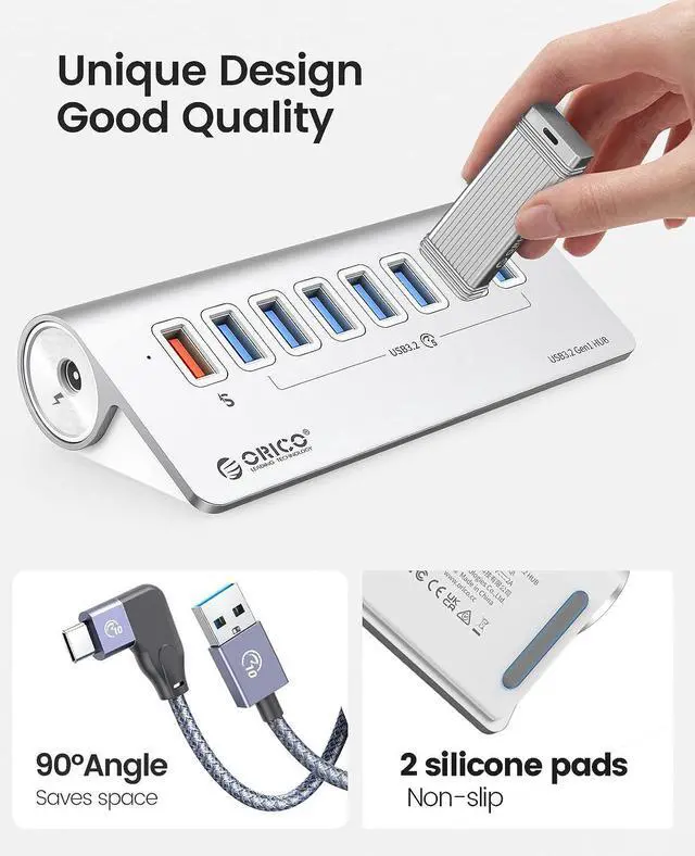 Alt view image 3 of 7 - ORICO USB Hub 3.0 Powered 7 Ports Aluminum USB Hub Splitter [5Gbps] with 7 USB 3.0 Data Ports + 1 Fast Charging Ports 18W5V/3A;9V/2A;12V/1.5A, 12V 3A Power Adapter with 3.28Ft Cable