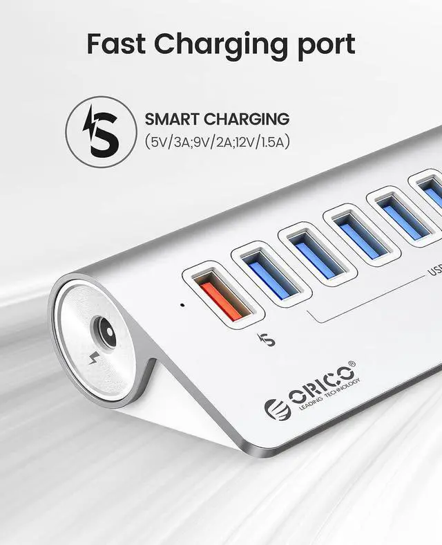Alt view image 4 of 7 - ORICO USB Hub 3.0 Powered 7 Ports Aluminum USB Hub Splitter [5Gbps] with 7 USB 3.0 Data Ports + 1 Fast Charging Ports 18W5V/3A;9V/2A;12V/1.5A, 12V 3A Power Adapter with 3.28Ft Cable