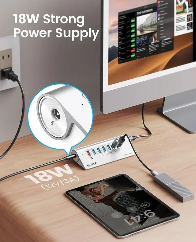 Alt view image 5 of 7 - ORICO USB Hub 3.0 Powered 7 Ports Aluminum USB Hub Splitter [5Gbps] with 7 USB 3.0 Data Ports + 1 Fast Charging Ports 18W5V/3A;9V/2A;12V/1.5A, 12V 3A Power Adapter with 3.28Ft Cable
