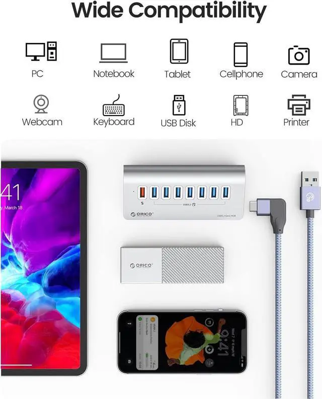 Alt view image 7 of 7 - ORICO USB Hub 3.0 Powered 7 Ports Aluminum USB Hub Splitter [5Gbps] with 7 USB 3.0 Data Ports + 1 Fast Charging Ports 18W5V/3A;9V/2A;12V/1.5A, 12V 3A Power Adapter with 3.28Ft Cable