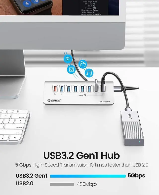 Alt view image 6 of 7 - ORICO USB Hub 3.0 Powered 7 Ports Aluminum USB Hub Splitter [5Gbps] with 7 USB 3.0 Data Ports + 1 Fast Charging Ports 18W5V/3A;9V/2A;12V/1.5A, 12V 3A Power Adapter with 3.28Ft Cable