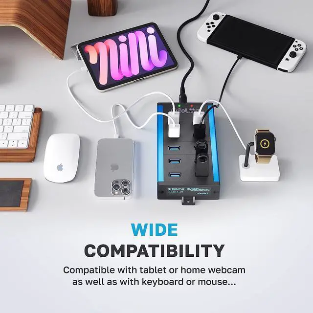 Alt view image 4 of 7 - USB 3.0 Powered Hub - Multi-Safety 10-Port Hub 3.0 with Adapter - Aluminum USB Splitter with Mounting Brackets - Extra USB Ports for Laptops & PC