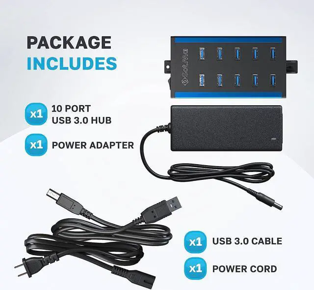 Alt view image 5 of 7 - USB 3.0 Powered Hub - Multi-Safety 10-Port Hub 3.0 with Adapter - Aluminum USB Splitter with Mounting Brackets - Extra USB Ports for Laptops & PC
