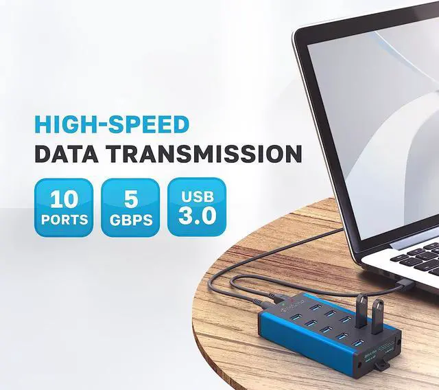 Alt view image 7 of 7 - USB 3.0 Powered Hub - Multi-Safety 10-Port Hub 3.0 with Adapter - Aluminum USB Splitter with Mounting Brackets - Extra USB Ports for Laptops & PC
