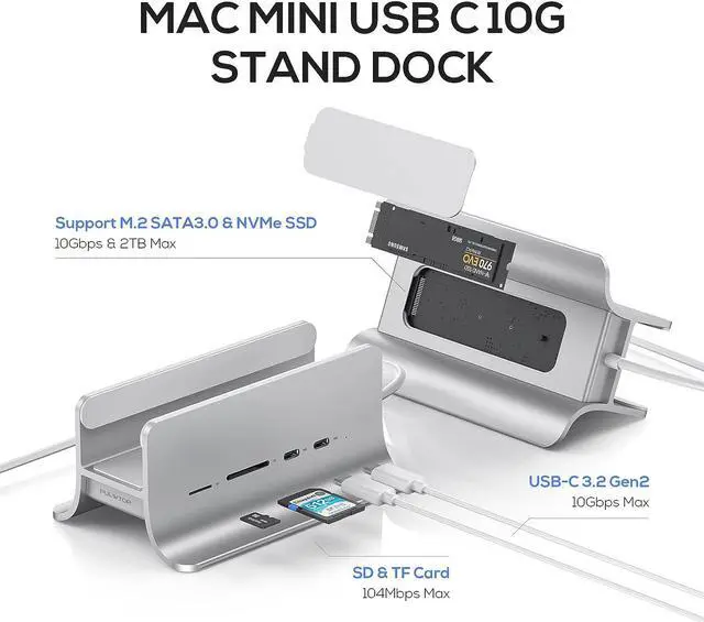 Alt view image 2 of 7 - PULWTOP USB C Hub for Mac Mini, 5 in 1USB Hub Adapter Support M.2 NVMe SSD Expand, Docking Station with 2 USB C 10Gbps, SD/TF Card Reader, M.2 SSD (Not Included)