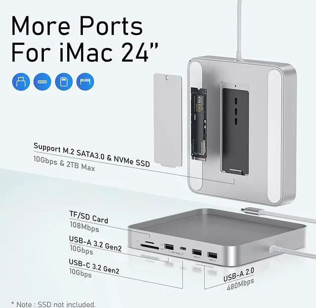Alt view image 2 of 7 - USB C HUB for iMac 24 inch 2021, PULWTOP 7 in 1 USB Hub Adapter iMac Accessories with USB C 10Gbps 3*USB A SD/TF Card Reader, Docking Station Support Expand M.2 NVMe SSD (Not Included)