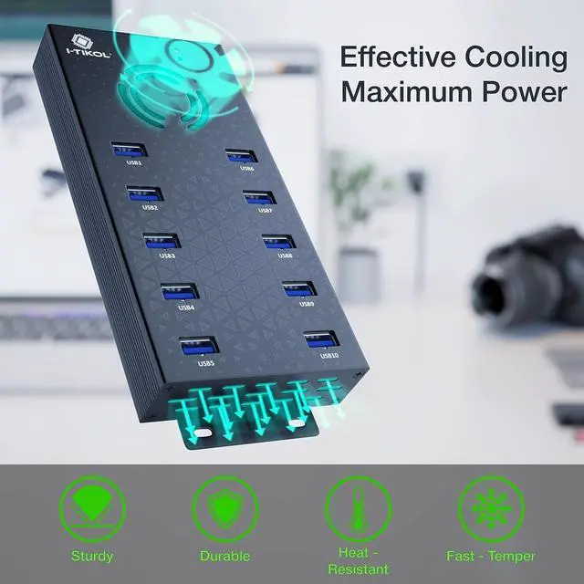 Alt view image 5 of 7 - USB 3 0 Hub - 10 Ports Powered USB Hub - Charging & High-Speed Data Transfer USB Expander Hub - up to 5Gbps High-Speed USB Splitter - Aluminum Alloy Multiple USB Port Hub for Laptop Phone Tablet PC