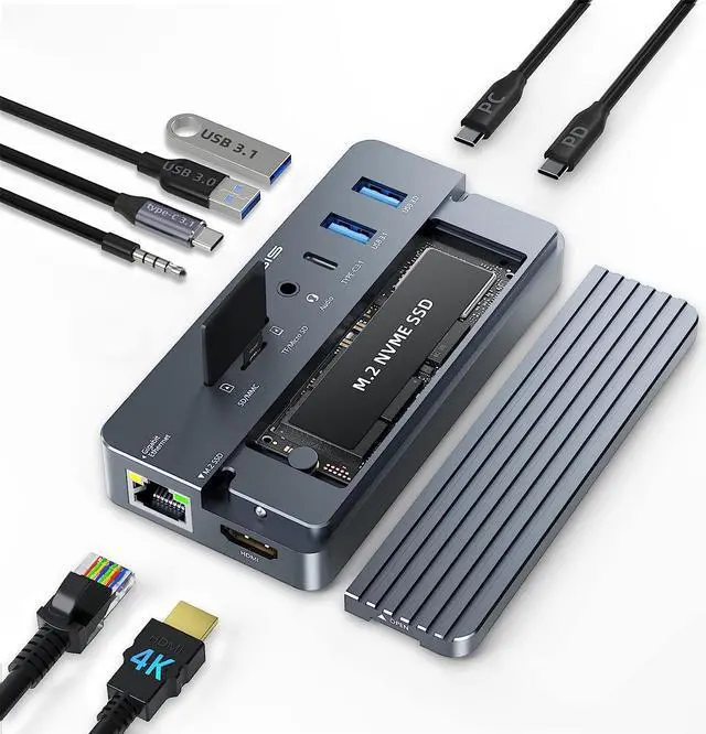 Main image of ACASIS 10-in-1 USB-C Hub with SSD Enclosure, 10Gbps M.2 NVMe Enclosure, 4K 60Hz HDMI Port, USB A 3.1 Port, 100 W Power Delivery, Aluminum Alloy USB C 3.1 Enclosure for M.2 PCIe NVMe and SATA SSD