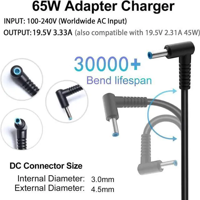 Alt view image 2 of 7 - 65W Laptop Charger Compatible with HP Pavilion x360 14 15 17 Envy 13 15 X360 Elitebook 840 G5 ProBook Chromebook Stream Series Spectre 710412-001 19.5V 3.33A Adapter
