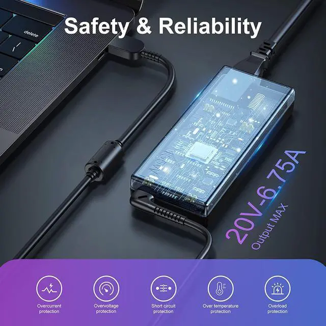 Alt view image 2 of 7 - 135W 20V 6.75A Laptop Charger Compatible for Lenovo AC Adapter Slim Tip 888015027 IdeaPad Y50-70 Y40-70 Y700 ThinkPad T440p T540p T570 W540 Gaming Yoga 9i ADL135NLC3A Power Supply Cord