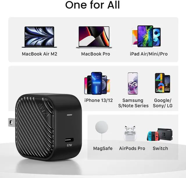 Alt view image 2 of 6 - INVZI USB C Charger 67W, GaN III PPS Mini Fast Foldable Power Adapter with USB-C Cable for MacBook Pro/Air M2/M1, Galaxy S22/S21, Dell XPS, HP, iPhone 13/Pro/Mini, iPad Pro, Steam Deck, Laptops