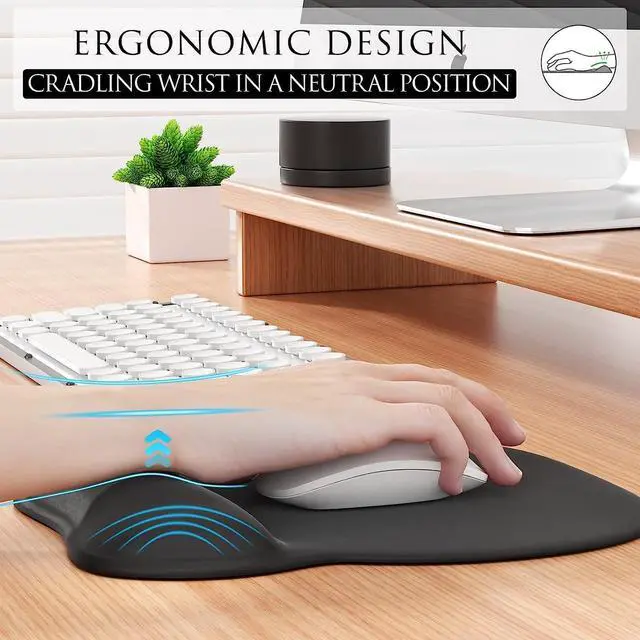 Alt view image 3 of 7 - Ergonomic Mouse Pad with Gel Wrist Rest Comfortable Mousepad with Smooth Wrist Support Surface and Non-Slip PU Base for Pain Relief Computer Laptop Office & Home 9.4 x 8.1 in Black Color