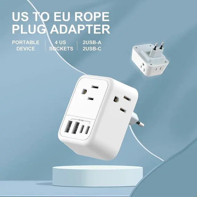 Alt view image 4 of 7 - Travel Plug Adapter with 4 AC Outlets and 4 USB Ports - European and International Power Adapter, Type C Plug Adapter Travel Essentials to Most Europe EU Spain Italy France Germany