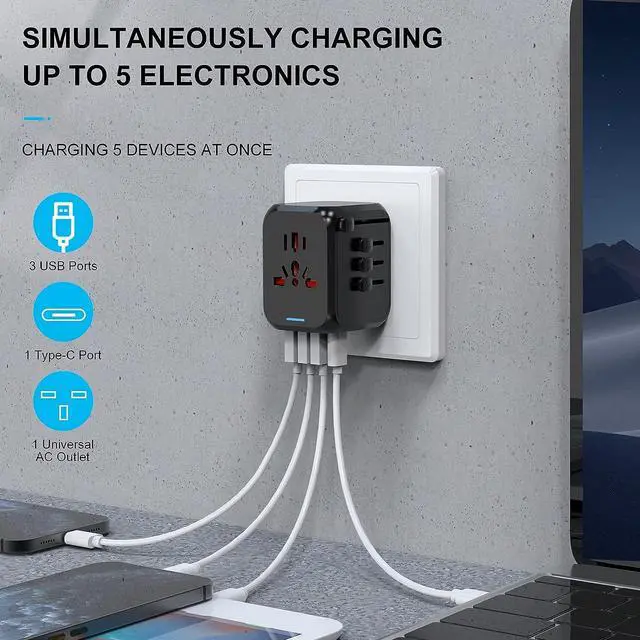 Alt view image 3 of 7 - Universal Travel Adapter, HITRENDS International Power Adapter, All in One Wall Outlet Adaptor Charger with High Speed 2.4A 3USB & 3.0A Type-C, Worldwide Travel Plug Adapter for US European UK AUS