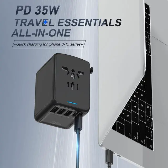 Alt view image 5 of 7 - Universal Travel Adapter, MKSENSE International Power Plug Adapter with 3 USB Ports & 2 Type-C Port (5V/3A), PD 35W, 4 AC Outlet Adaptor Charger for US to Most of Europe Iceland Spain Italy France
