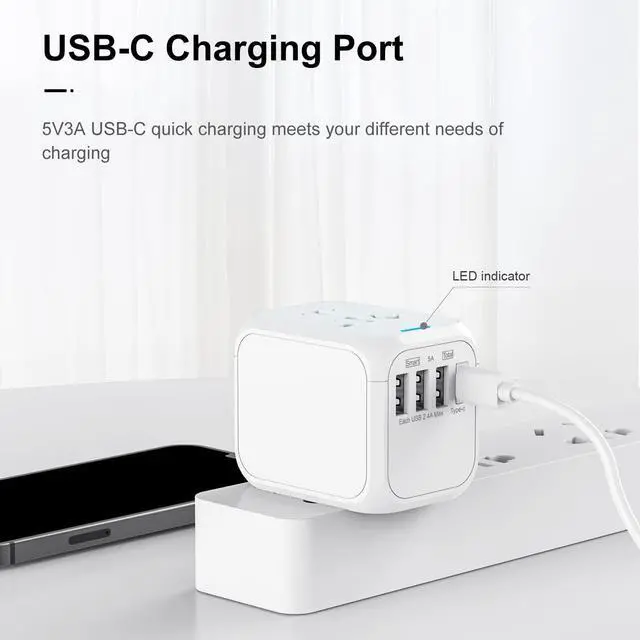 Alt view image 2 of 7 - Universal Travel Adapter, HITRENDS International Power Adapter, All in One Wall Outlet Adaptor Charger with High Speed 2.4A 3USB & 3.0A Type-C, Worldwide Travel Plug Adapter for US European UK AUS