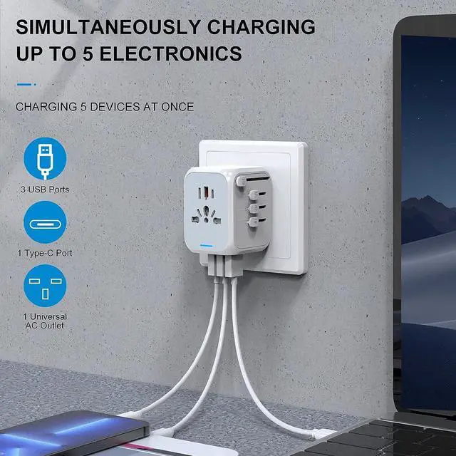 Alt view image 3 of 7 - Universal Travel Adapter, HITRENDS International Power Adapter, All in One Wall Outlet Adaptor Charger with High Speed 2.4A 3USB & 3.0A Type-C, Worldwide Travel Plug Adapter for US European UK AUS