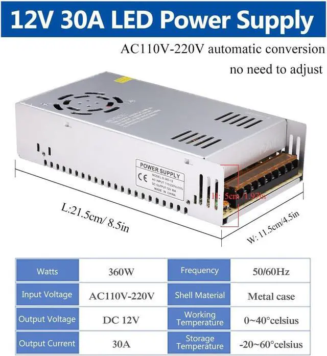 Main image of Versatile 12V 30A Power Supply - 360W Universal Regulated Switching AC to DC Converter for LED Strips, CCTV, Radios, Computers - Supports AC110V/220V Input