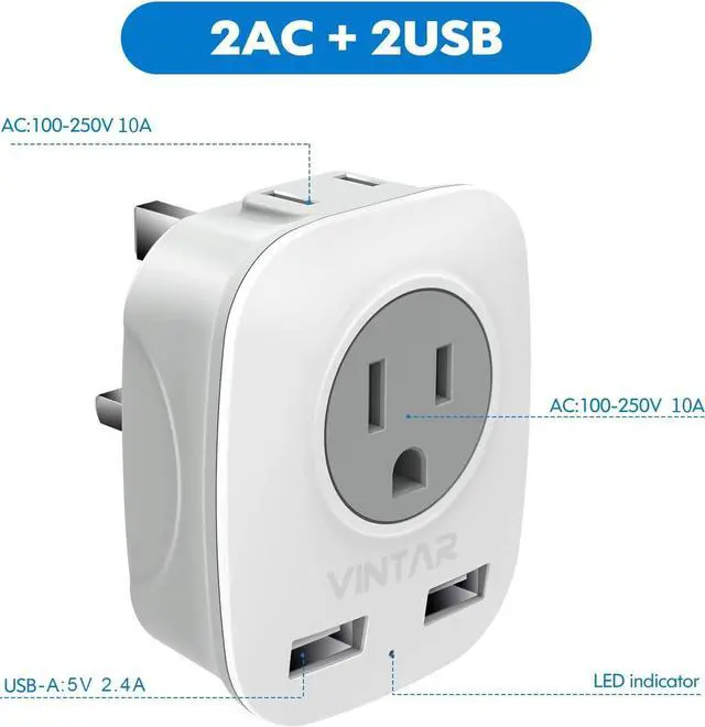 Alt view image 2 of 7 - [2-Pack] Canada to UK Plug Adapter, VINTAR UK Ireland Travel Plug Adapter with 2 USB Ports and 2 American Outlets, 4 in 1 International Power Adaptor for England Singapore Dubai Hongkong (Type G)