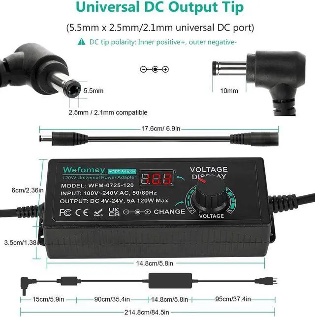 Alt view image 5 of 7 - 120W Universal Power Supply Adjustable DC 3V ~ 24V Variable Switching AC/DC Adapter 100V-240V AC to DC 24V 5A Converter with 14 Tips & Polarity Converter - 5000mA Max