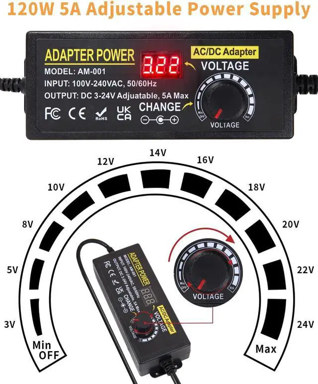 Alt view image 2 of 7 - 3V~24V 120W 5A Adjustable DC Power Supply AOYADAISU Universal Power Adapter with 14 Tips & Polarity Converter, 100-240V 50-60Hz Variable AC to DC Power Converter for LED Strip Light Camera 5000mA