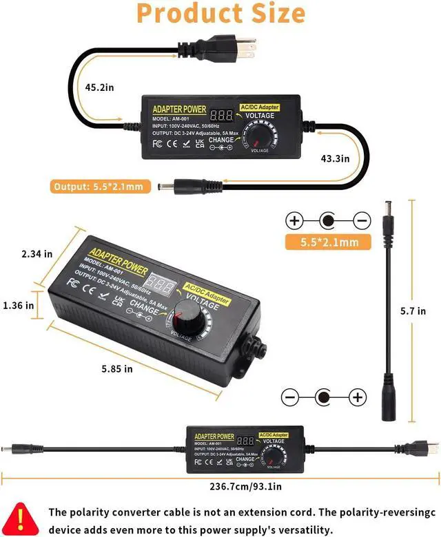 Alt view image 3 of 7 - 3V~24V 120W 5A Adjustable DC Power Supply AOYADAISU Universal Power Adapter with 14 Tips & Polarity Converter, 100-240V 50-60Hz Variable AC to DC Power Converter for LED Strip Light Camera 5000mA