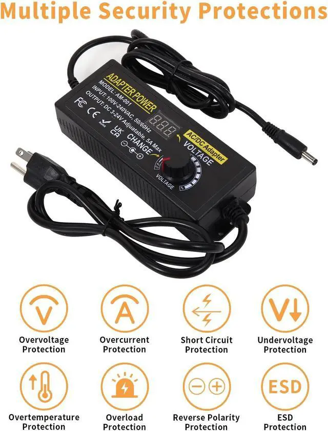 Alt view image 5 of 7 - 3V~24V 120W 5A Adjustable DC Power Supply AOYADAISU Universal Power Adapter with 14 Tips & Polarity Converter, 100-240V 50-60Hz Variable AC to DC Power Converter for LED Strip Light Camera 5000mA