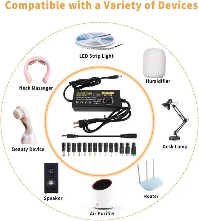 Alt view image 6 of 7 - 3V~24V 120W 5A Adjustable DC Power Supply AOYADAISU Universal Power Adapter with 14 Tips & Polarity Converter, 100-240V 50-60Hz Variable AC to DC Power Converter for LED Strip Light Camera 5000mA