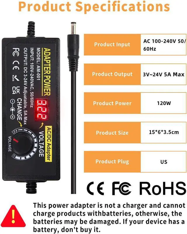 Alt view image 7 of 7 - 3V~24V 120W 5A Adjustable DC Power Supply AOYADAISU Universal Power Adapter with 14 Tips & Polarity Converter, 100-240V 50-60Hz Variable AC to DC Power Converter for LED Strip Light Camera 5000mA