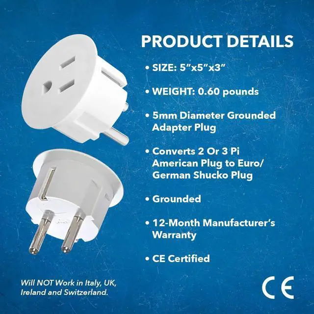 Alt view image 7 of 7 - OREI American USA To European plug adapter  Type E/F schuko plug adapter - Use in Germany, France, & more - CE Certified  For Mobile, Laptop & Camera Chargers - 12 Pack