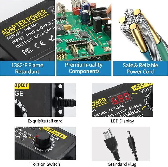Alt view image 6 of 6 - Adjustable Power Supply 3V~24V 5A 120W Universal 100V-240V AC/DC Power Adapter Converter 8V 12V 15V 18V 19V 20V 24V Power Supply with 14 DC Tips&Polarity Converter for LED Strip Light Printer Speaker