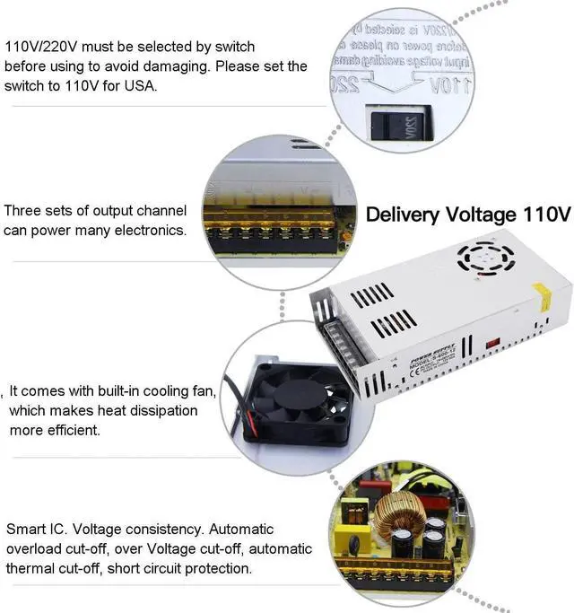 Alt view image 5 of 7 - DC 12V 50A 600W Power Supply Adapter Transformer Switch AC 110V / 220V to DC 12V 20amp Switching Converter LED Driver for LED Strip Light CCTV Camera Security System Radio,Computer Project,3D Printer