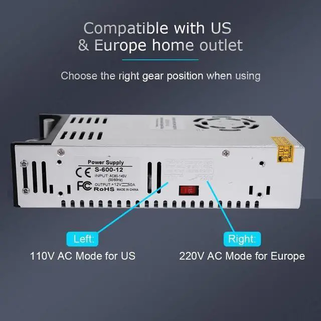 Alt view image 6 of 7 - SMPS 110V/220V AC to 12V DC Converter - 50A 600W Power Supply - Adjustable Switch Transformer for LED Strip, LCD Monitor CCTV, Radio/Car Stereos, 3D Printer - includes 2 Clamp Wires