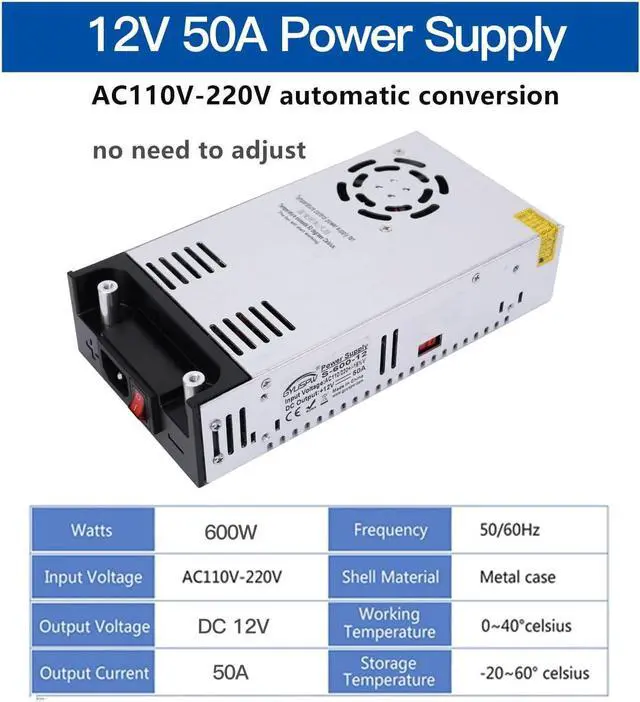 Alt view image 7 of 7 - SMPS 110V/220V AC to 12V DC Converter - 50A 600W Power Supply - Adjustable Switch Transformer for LED Strip, LCD Monitor CCTV, Radio/Car Stereos, 3D Printer - includes 2 Clamp Wires