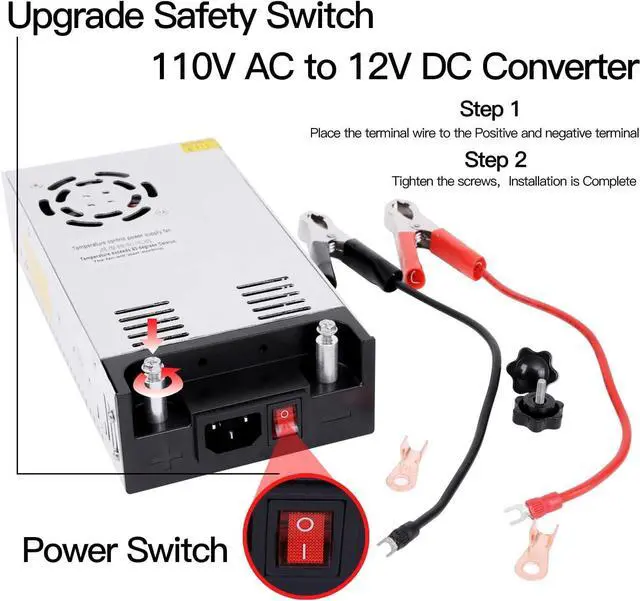 Alt view image 2 of 7 - SMPS 110V/220V AC to 12V DC Converter - 50A 600W Power Supply - Adjustable Switch Transformer for LED Strip, LCD Monitor CCTV, Radio/Car Stereos, 3D Printer - includes 2 Clamp Wires