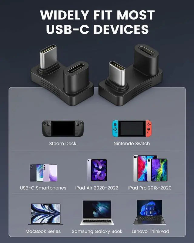 Alt view image 6 of 7 - 180 Degree Angle USB C Adapter 2 Pack U Shape USB-C Male to USB-C Female Adapter Connector with PD 100W/10Gbps USB-C 180 Angle Extender for Steam Deck/Switch/iPhone 15 Series/Laptop/Tablet