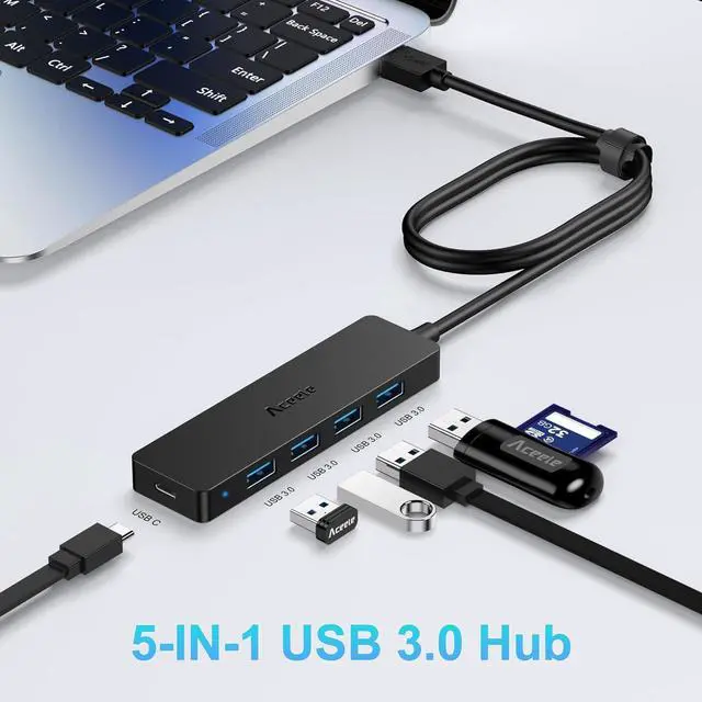 Alt view image 2 of 7 - Aceele USB Hub 3.0 Splitter with 2ft Extension Long Cable Cord