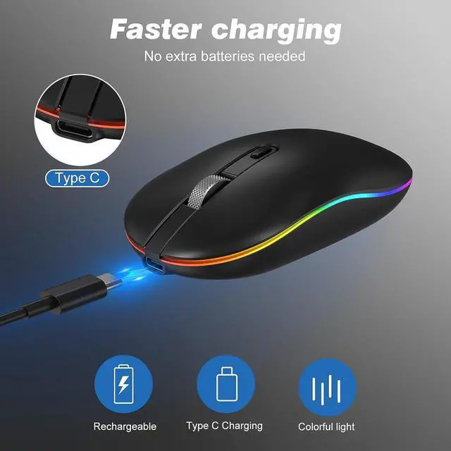 Alt view image 2 of 7 - LED Wireless Mouse with Type-c Charging Port, 2.4G Rechargeable Slim Silent Mouse with USB & Type-c Receiver, 3 Adjustable DPI for Laptop, Deskbtop, MacBook, PC (Matte Black)