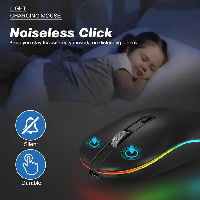 Alt view image 4 of 7 - LED Wireless Mouse with Type-c Charging Port, 2.4G Rechargeable Slim Silent Mouse with USB & Type-c Receiver, 3 Adjustable DPI for Laptop, Deskbtop, MacBook, PC (Matte Black)